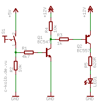 Schaltplan: Schalten einer LED mit einem PNP-Transistor und einem NPN-Transistor