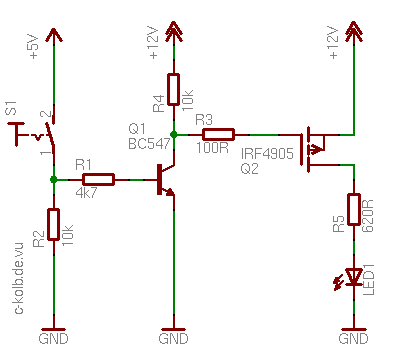 Schaltplan: Schalten einer LED mit einem P-Kanal-FET